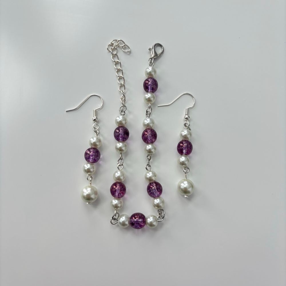 Women's Handmade Beaded Bracelet & Earring Set Purple and White